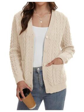 Women's Cable Knit Open Front Button Up V Neck Cardigan Sweater with Pockets